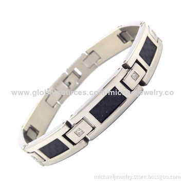 Stainless Steel Bracelets with 8-piece of CZ Stones and Black Carbon Fiber, Elegant and Fashionable